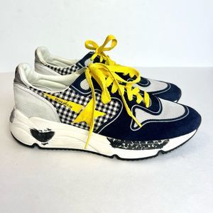 Golden Goose Running Sole Sneakers in Navy/White Check and Yellow Star Sz 38, US